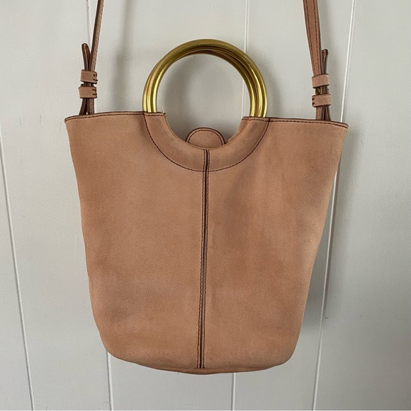 J Crew Blush Pink Suede Bracelet Bucket Crossbody Gold Italian Leather Frankie - Picture 2 of 16